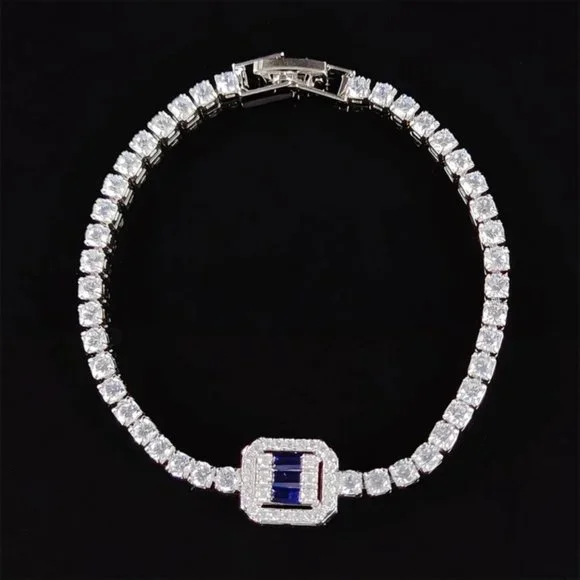 NEW “7” LUXURY 3MM DIAMOND BLUE’GREEN’ SILVER’ S925 STERLING BRACELET - Picture 4 of 5